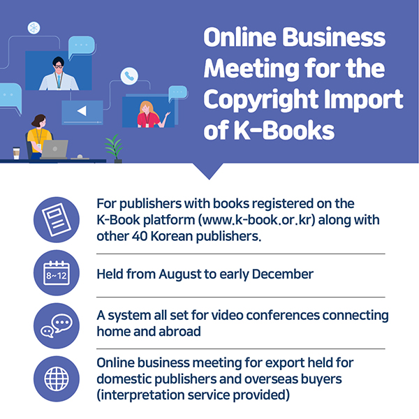 #Online Business Meeting for the Copyright Import of K-Books- For publishers with books registered on the K-Book platform (www.k-book.or.kr) along with other 40 Korean publishers.- Held from August to early December- A system all set for video conferences connecting home and abroad- Online business meeting for export held for domestic publishers and overseas buyers (interpretation service provided)