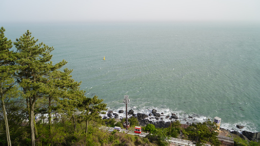 The forest trail leading to Haeundae Beach from the library and the ocean seen below