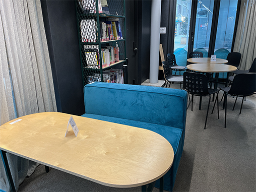 Views inside Sewoon Tech Book Lounge, a small public library specializing in tech books